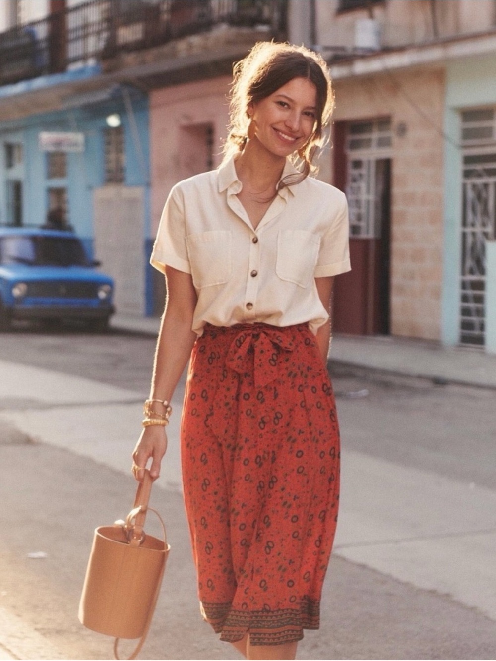 Sezane Cream Button-Up Top with Rust Floral Midi Skirt